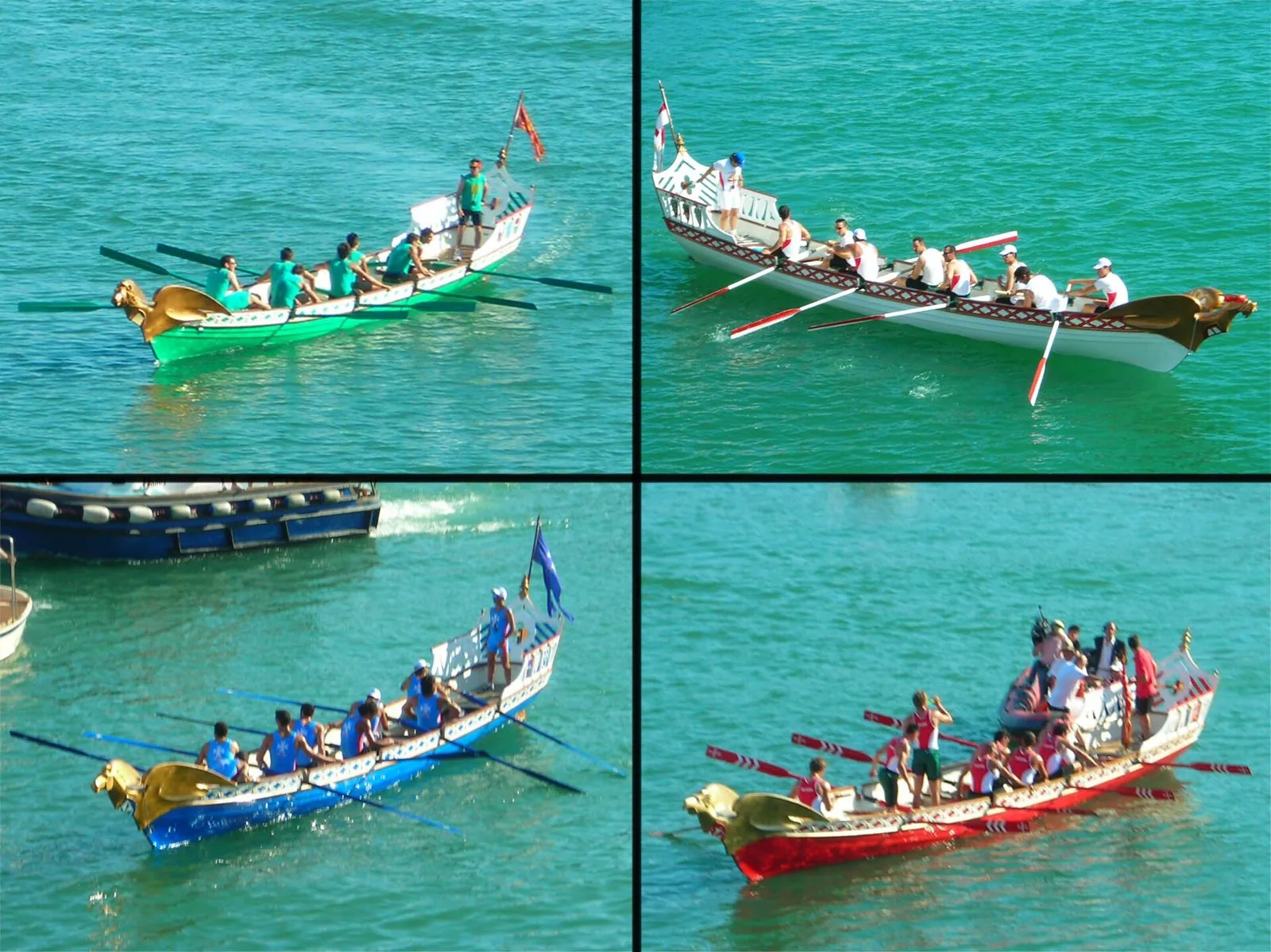 Collage dei quattro galeoni della Regata delle Repubbliche Marinare, verde, bianco, azzurro e rosso, con i vogatori ai remi