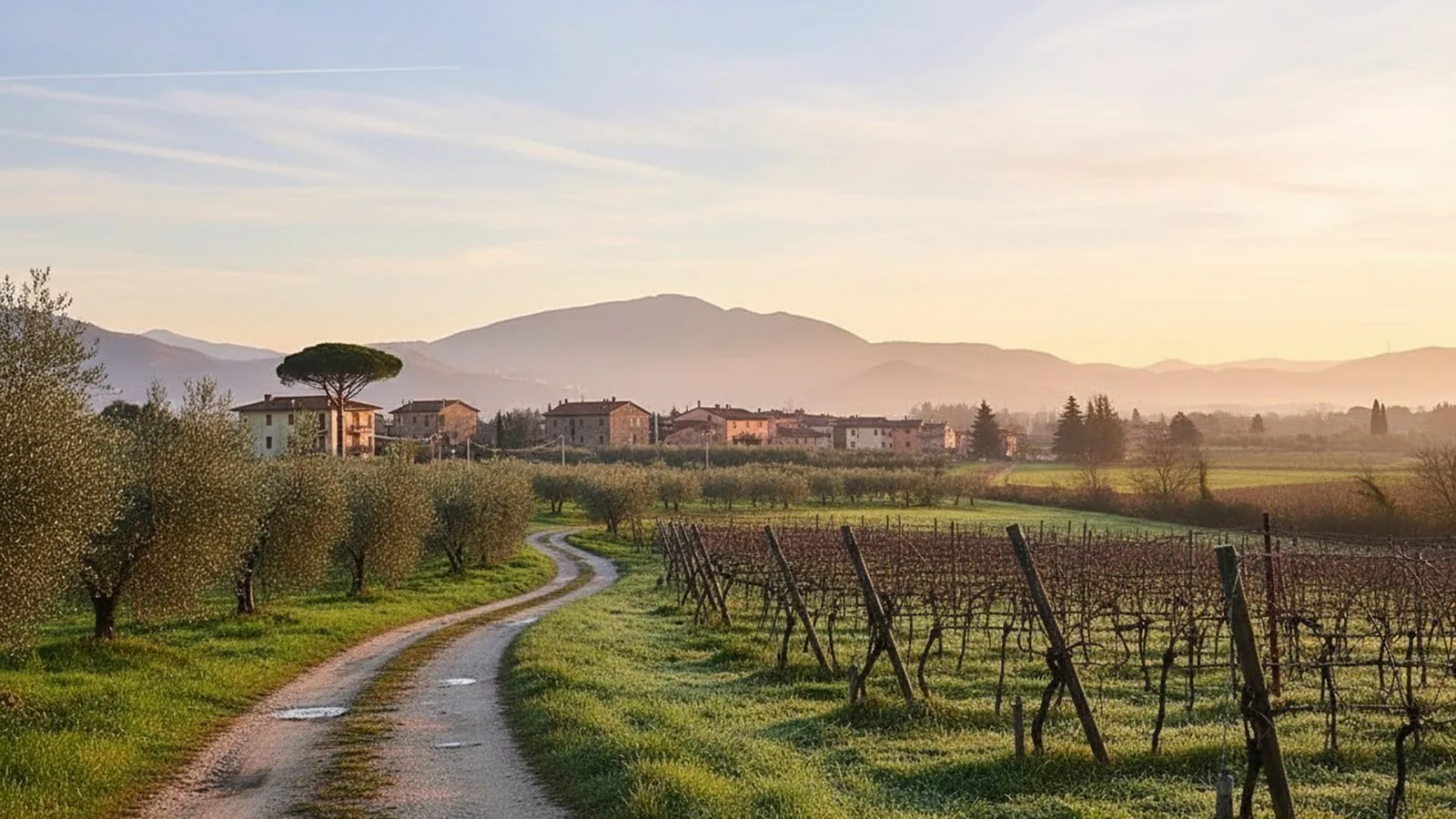 Campagna toscana con ulivi, vigne e colline all'alba